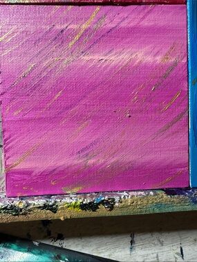 8x8 Hand-Painted Magenta Abstract Canvas Art with Gold Accents